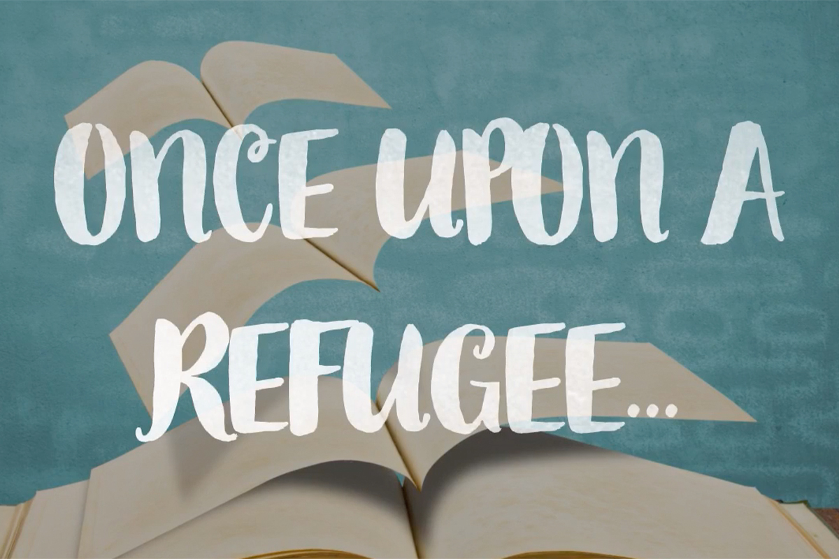 Once upon a refugee -text over an image of book pages